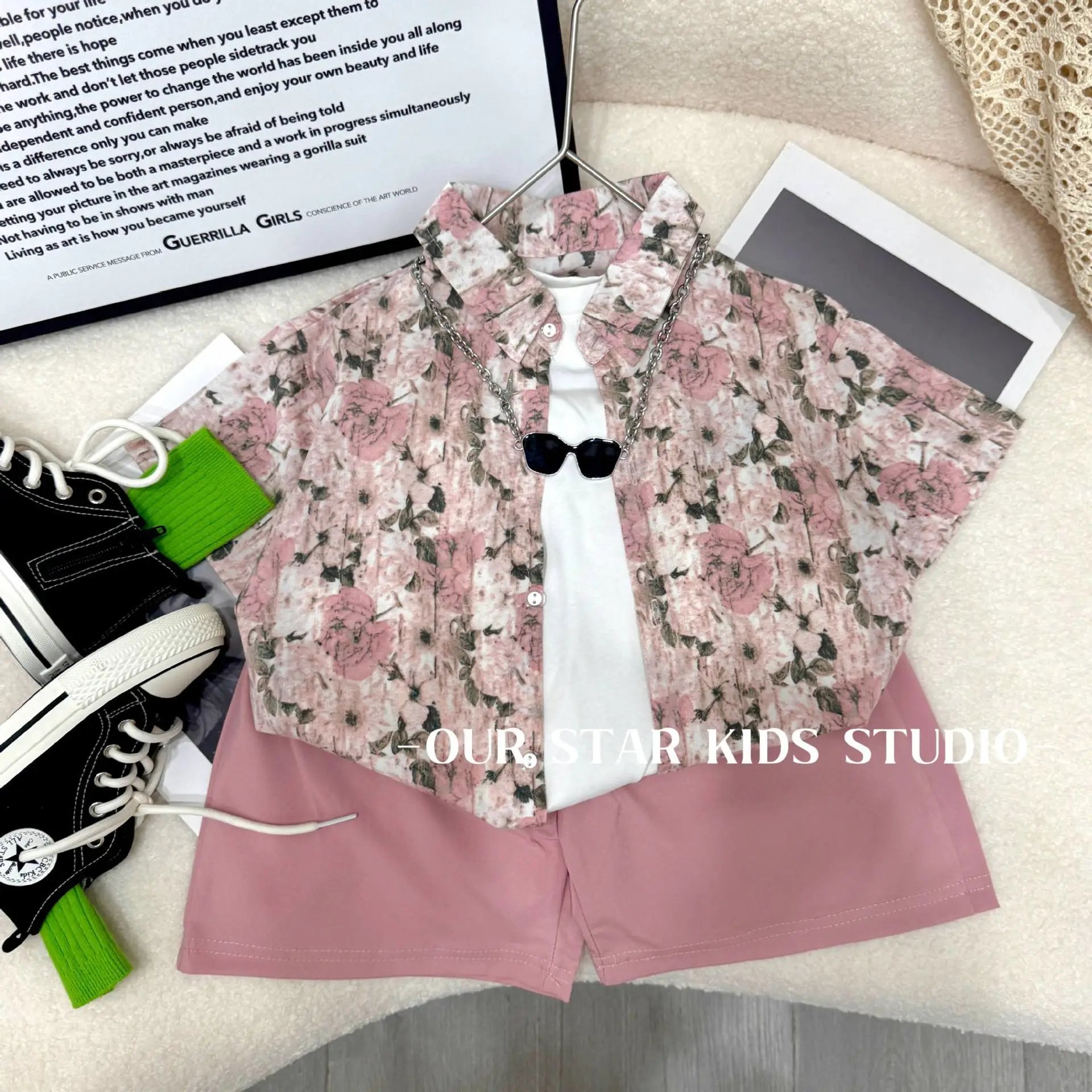 Design LSTAR Studio Floral Print Shirt and Pink Logo Shorts Set Sets - 7