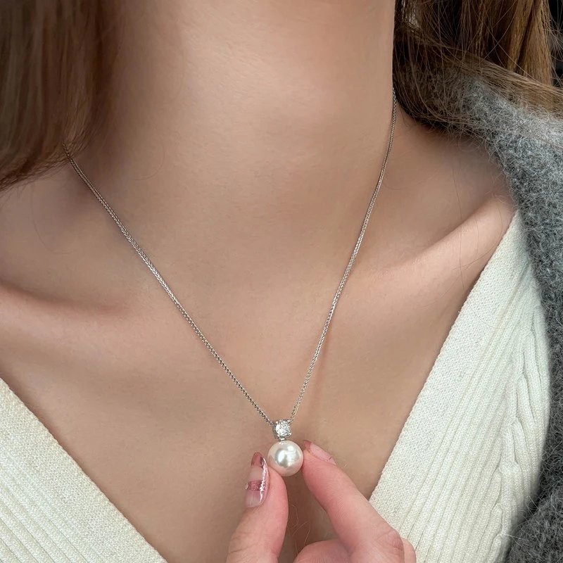 Pearl and Diamond Pendant Necklace Silver Jewelry