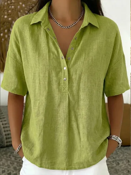 Design Linen Button-Up Shirt White Tops Shirt - 4