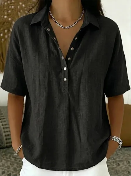 Design Linen Button-Up Shirt White Tops Shirt - 5