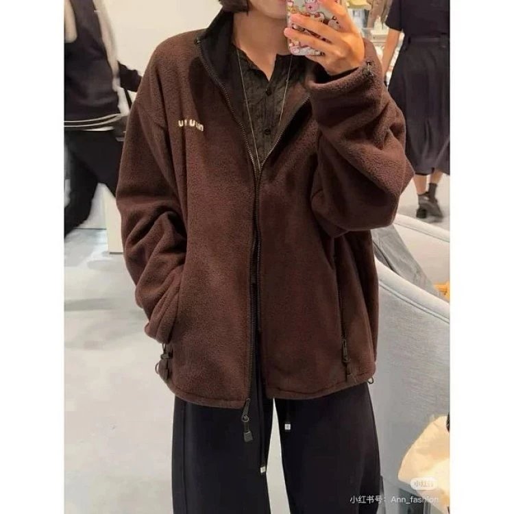 Miu Miu Oversized Fleece Jacket Gray Outerwear - 12