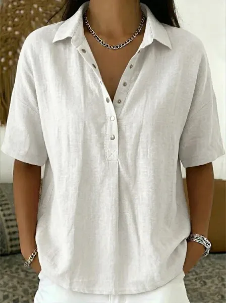 Design Linen Button-Up Shirt White Tops Shirt - 8