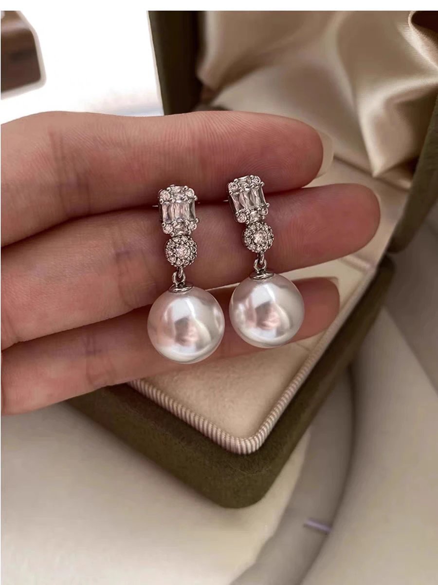 Design Platinum Gray 12MM Pearl Earrings with Baguette and Round CZ Jewelry - 9