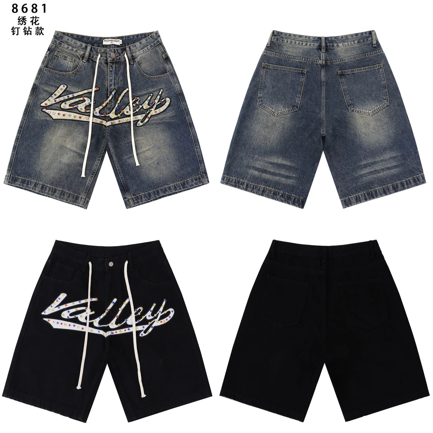 Denim Shorts Valley Embroidered Blue Black Casual