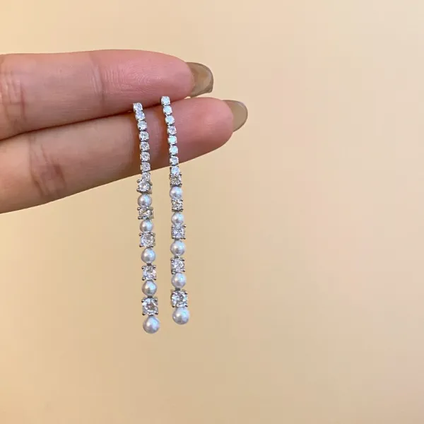 Design Pearl and Crystal Linear Drop Earrings Silver Jewelry - 12