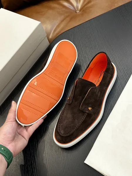 Design Santoni Loafer Slip-On Olive Green Suede with Orange Sole Casual Shoes Loafers - 8