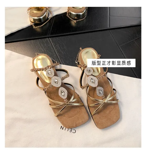 Design Crystal-Embellished Gold Strappy Mules Sandals - 4