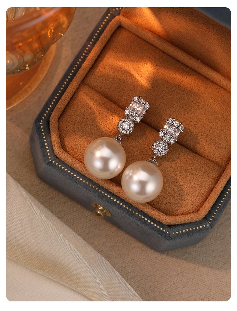 Design Platinum Gray 12MM Pearl Earrings with Baguette and Round CZ Jewelry - 12