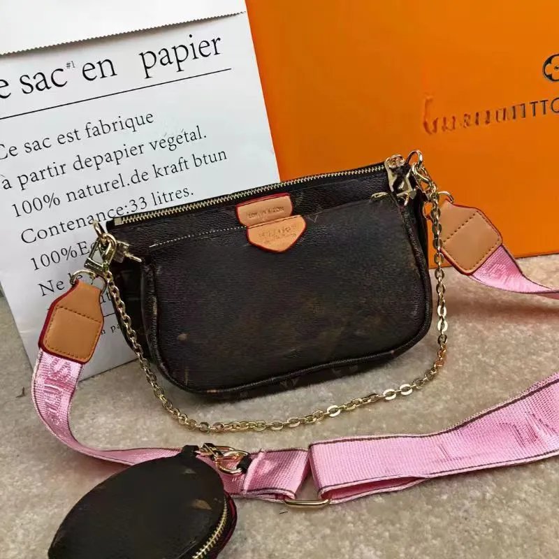 Louis Vuitton Multi Pochette Accessoires Black Monogram with Pink Strap Crossbody Bag