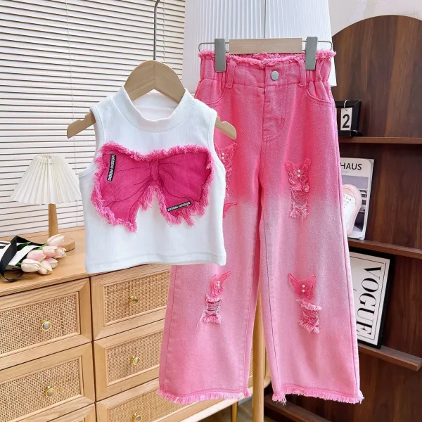 Design Distressed Wide-Leg Gradient Blue Jeans and Cut-Out Denim Top Set - 3