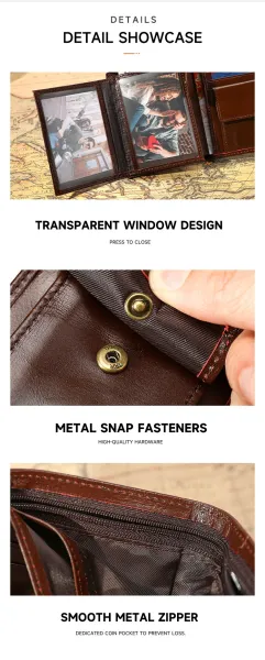 Design Classic Snap Closure Brown Leather Short Wallet - 9