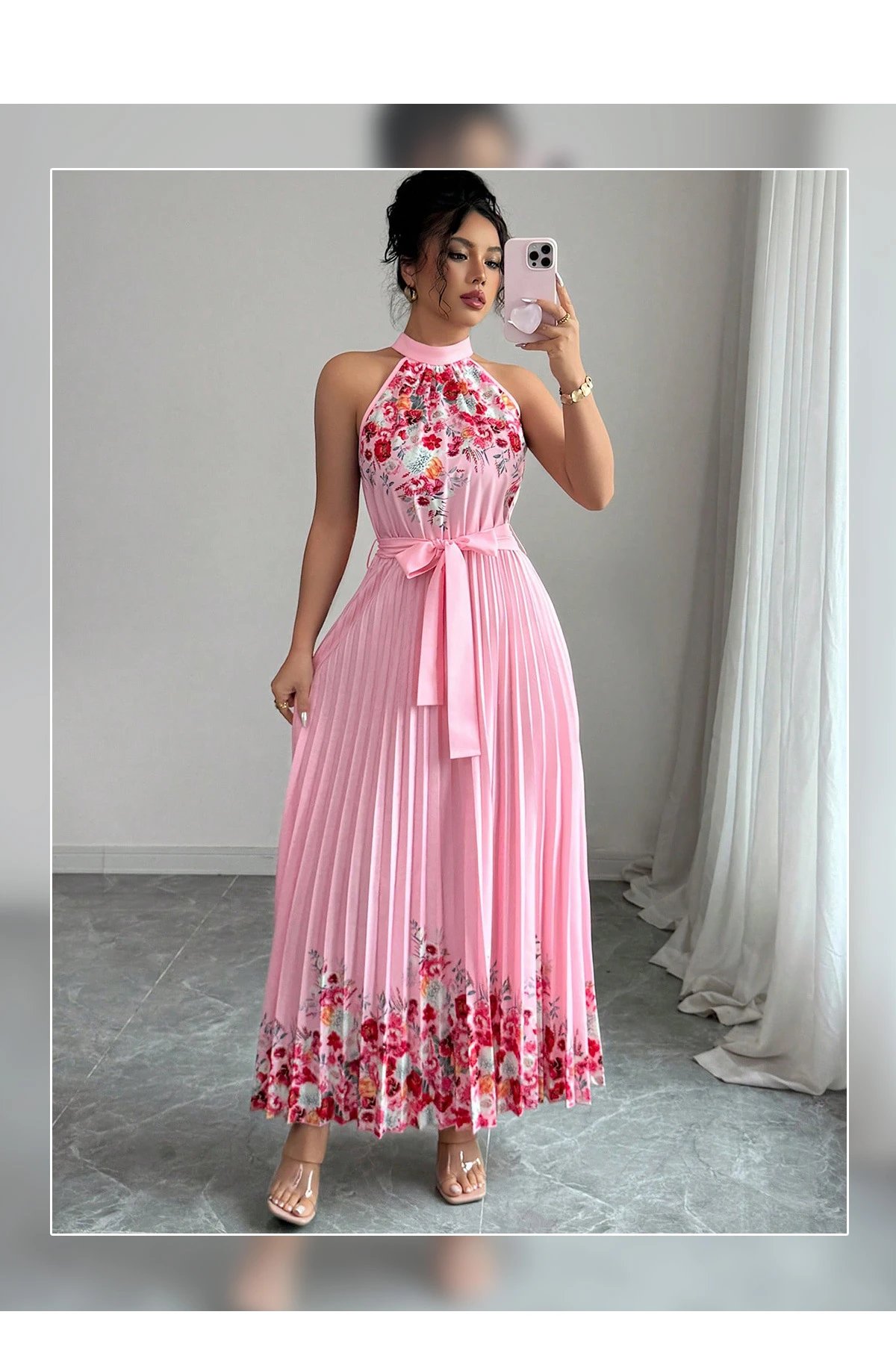 Design Floral Pleated Halter Maxi Dress Yellow - 3