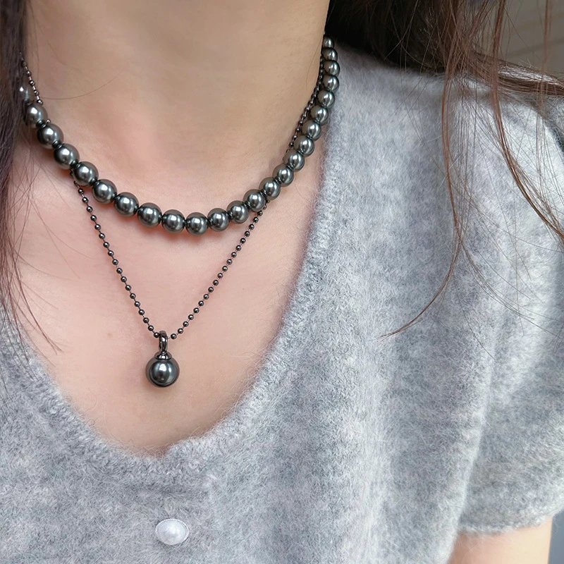 Pearl Bead Necklace Gray Layered Pendant Chain