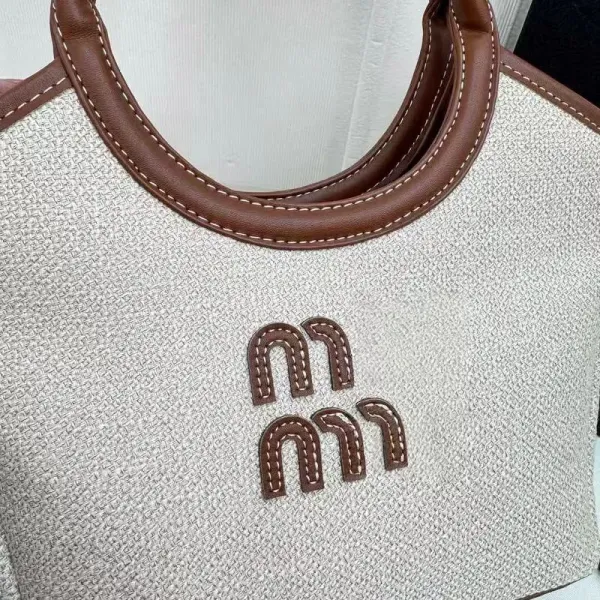 Miu Miu Logo Denim Tote Bag Navy with Tan Leather Trim Handbags - 5