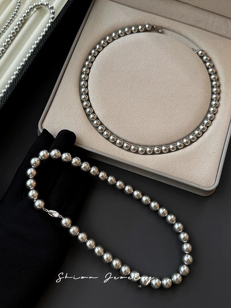 Design Pearl Bead Necklace Silver Gray Jewelry - 14