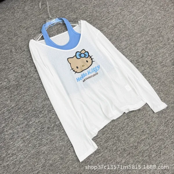 Hello Kitty x REYANSTUDIO Graphic Long Sleeve Cami Top Set in White and Blue - 4