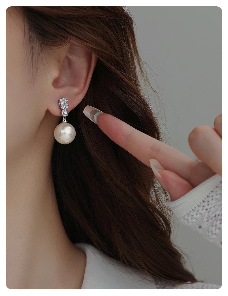 Design Platinum Gray 12MM Pearl Earrings with Baguette and Round CZ Jewelry - 21