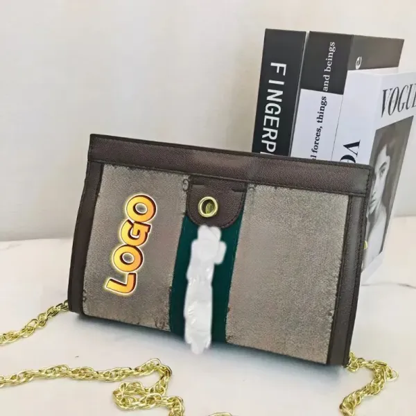 Design Logo Print Chain Crossbody Bag Gray Green Black - 6