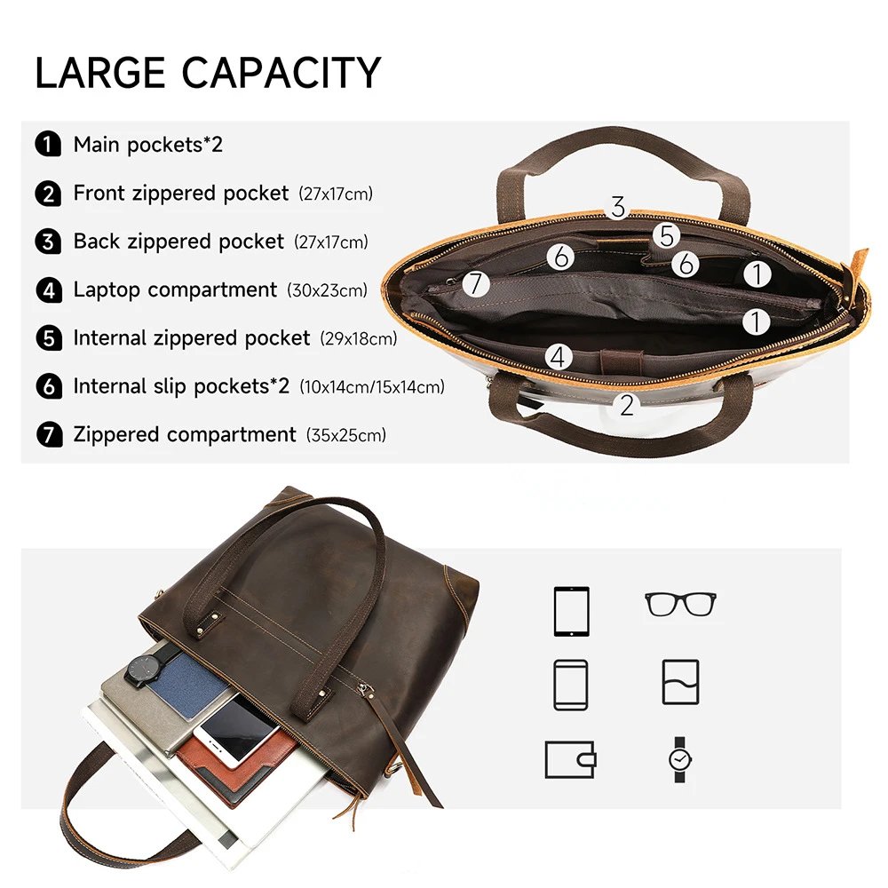 Leather Tote Bag Dark Brown Vintage Style