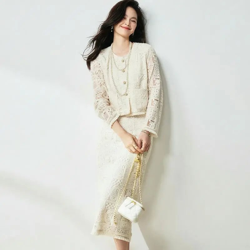 Cream Lace Cropped Jacket And Midi Skirt Set Elegant Two Piece Outfit