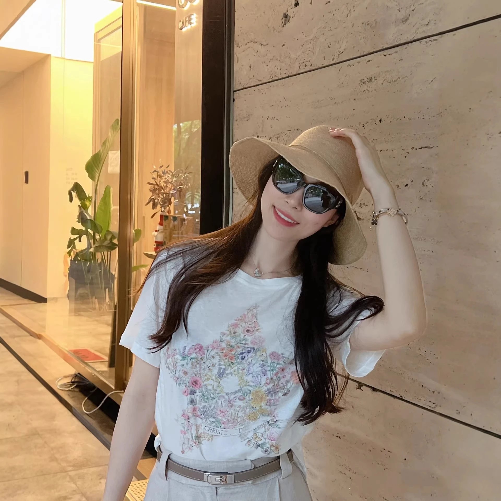 Floral Print White T-Shirt Olive Green Pleated Skirt Casual Outfit