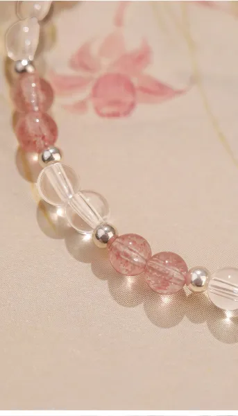 Design Pink Strawberry Quartz Beaded Bracelet Set Jewelry - 15