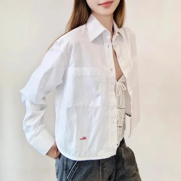 Design Glen White Oversized Shirt with Embroidered Logo Tops Shirt - 4