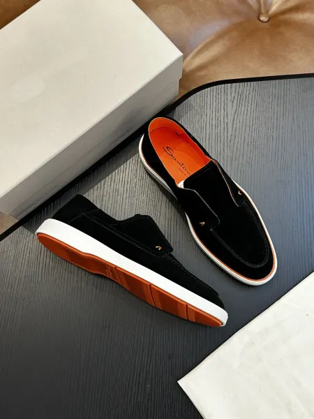 Design Santoni Loafer Slip-On Olive Green Suede with Orange Sole Casual Shoes Loafers - 24