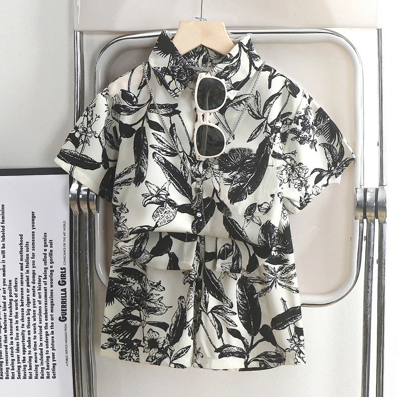 Floral Print Collared Shirt Dress White Black