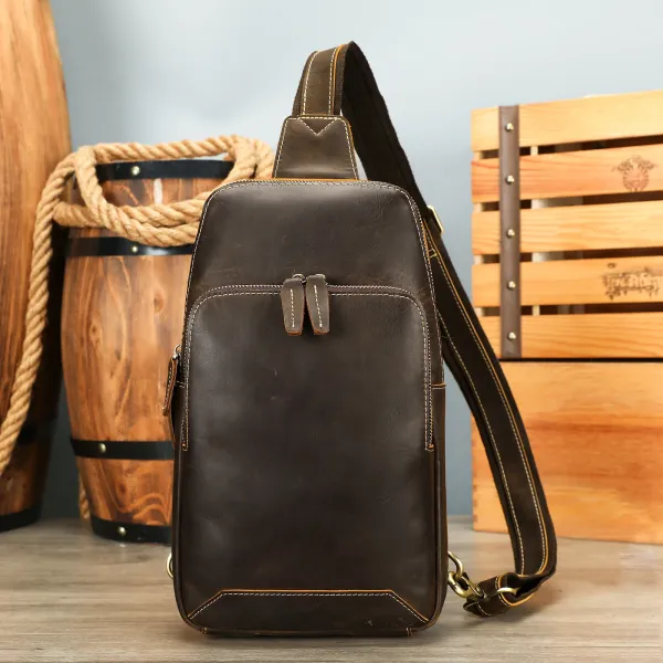 Design Vintage Leather Crossbody Bag Brown - 1