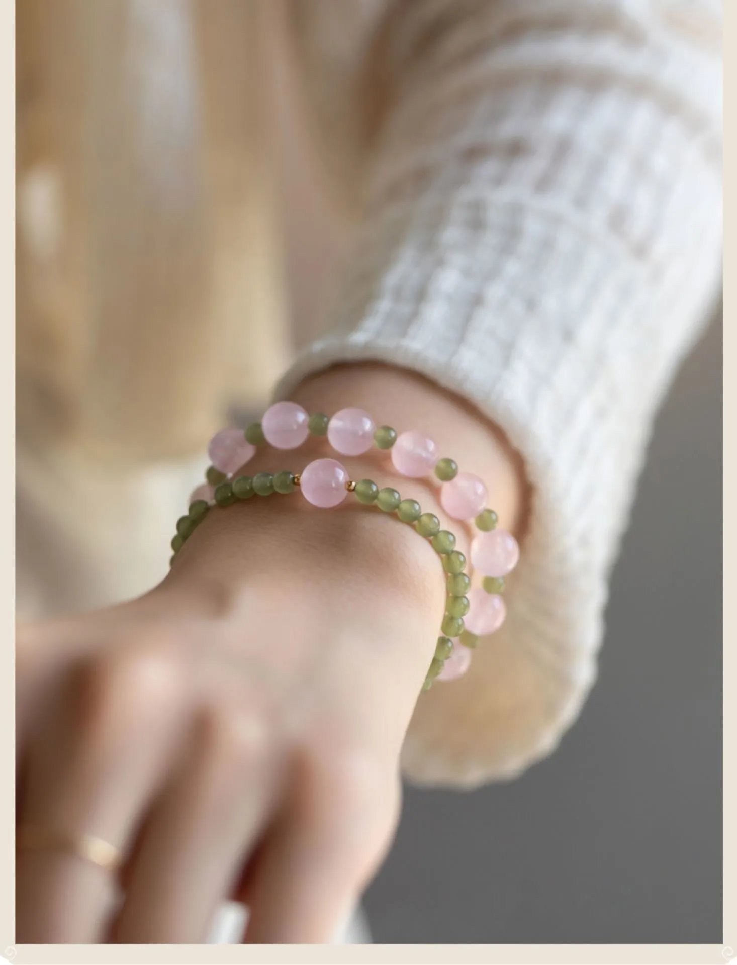 Design Rose Quartz and Green Jade Bead Bracelet Jewelry - 14