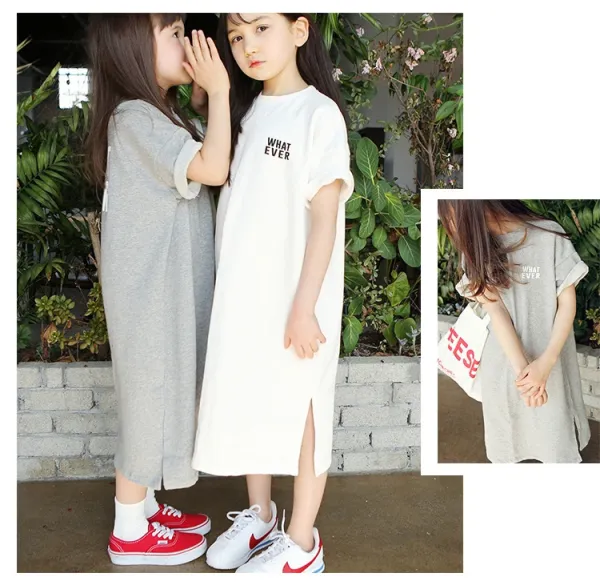 Design Oversized T-Shirt Dress with 'WHAT EVER' Print White and Gray Kids Casual Dresses - 8
