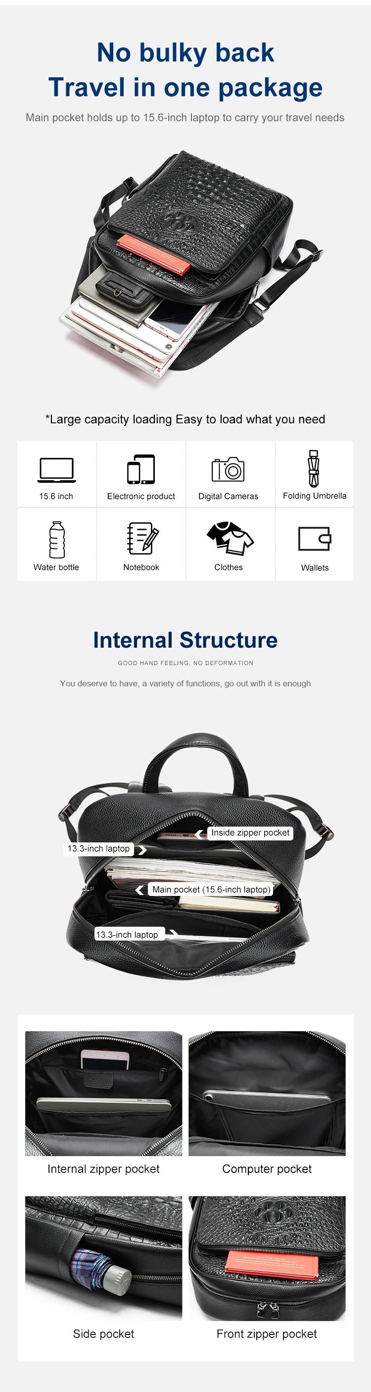 Design Crocodile-Embossed Leather Backpack Black - 6