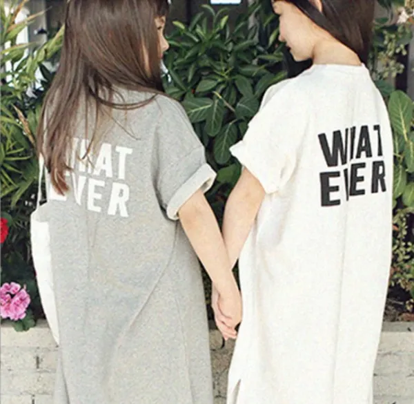 Design Oversized T-Shirt Dress with 'WHAT EVER' Print White and Gray Kids Casual Dresses - 13