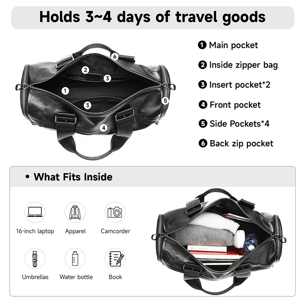 Black Leather Duffel Bag Black Casual Travel Tote