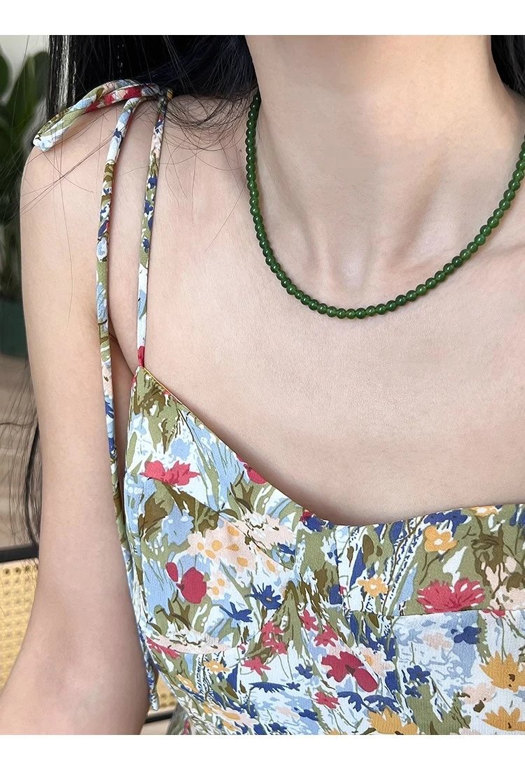 Design Floral Print Square Neck Cami Dress with Jade Bead Necklace Dress - 2