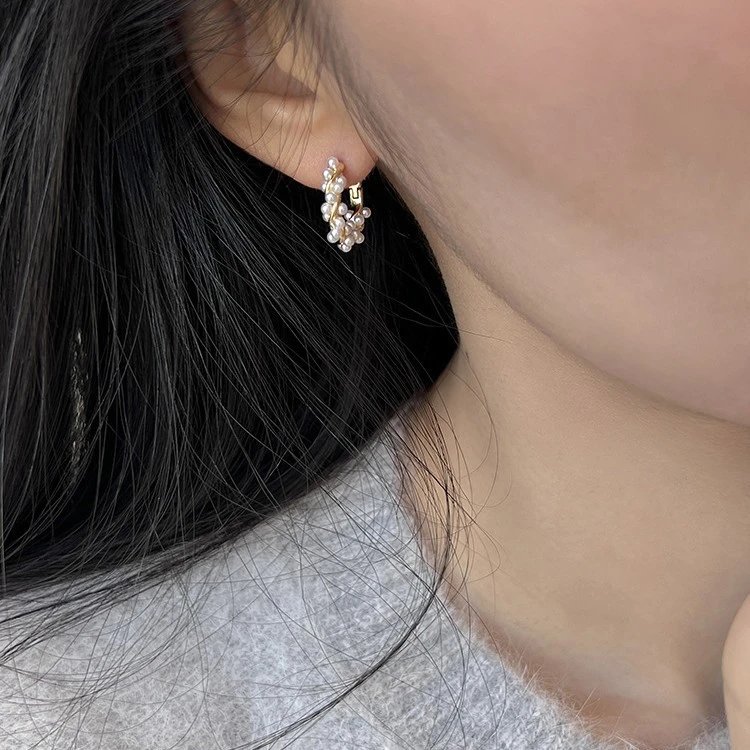 Gold Tone Pearl Hoop Earrings White Classic