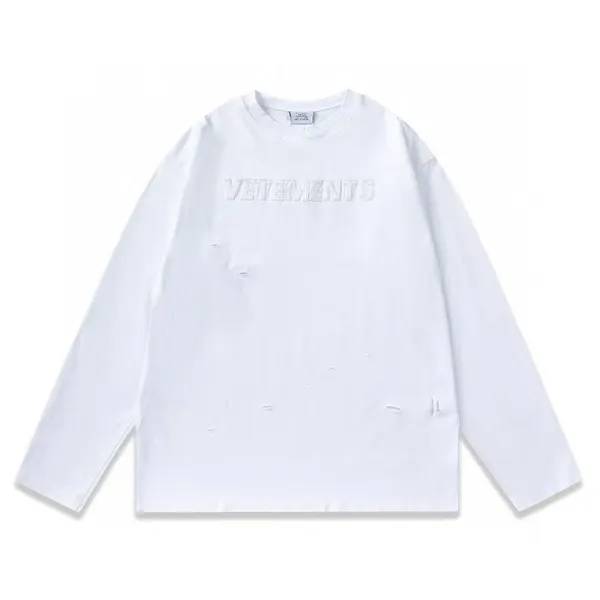Vetements Distressed Embroidered Logo Long-Sleeve T-Shirt White - 1