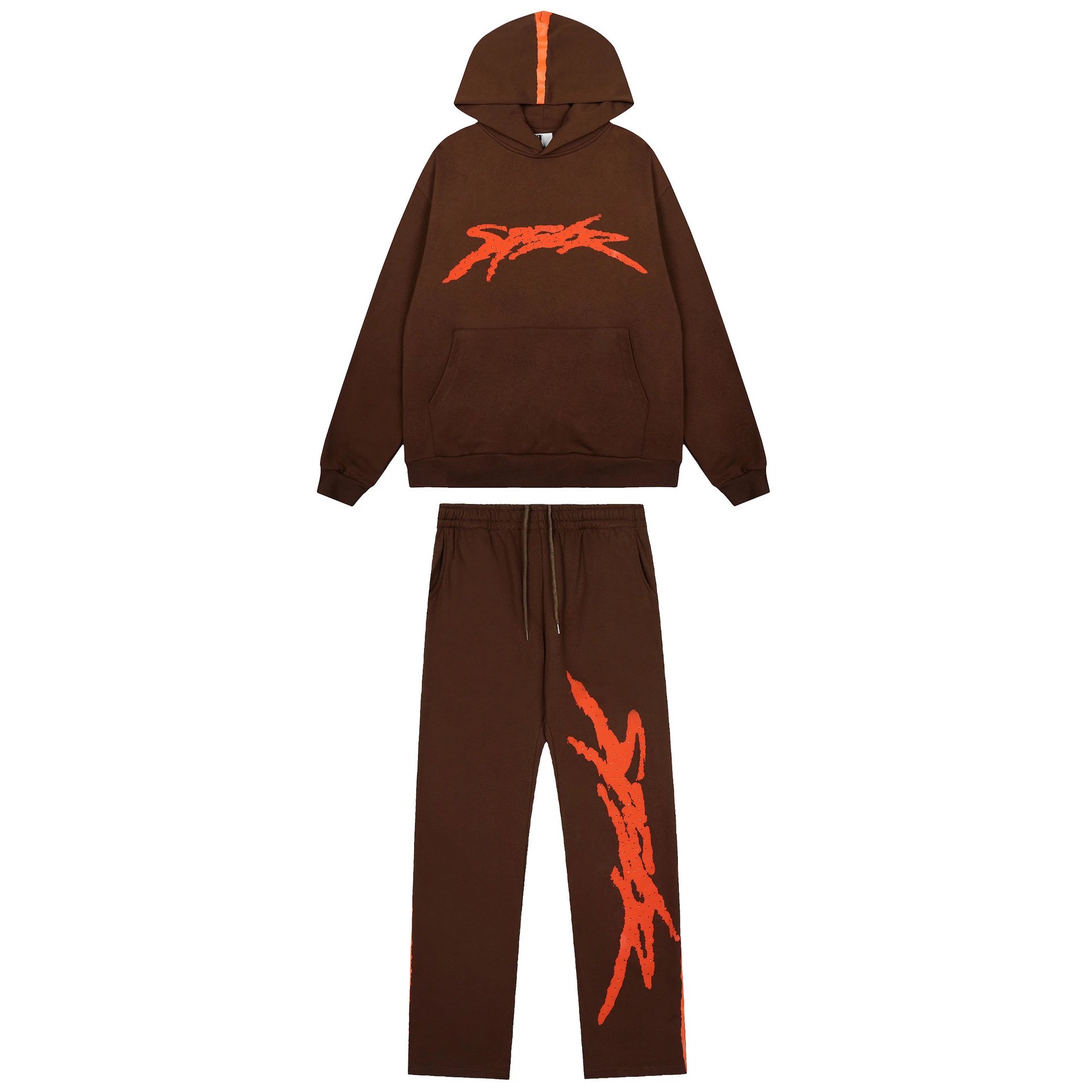 SPEAK Hooded Sweatshirt And Jogger Set Brown Orange Graphic Streetwear
