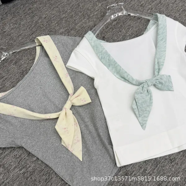 Design Bow-Neck Tie Detail White T-Shirt with Mint Green Trim - 4