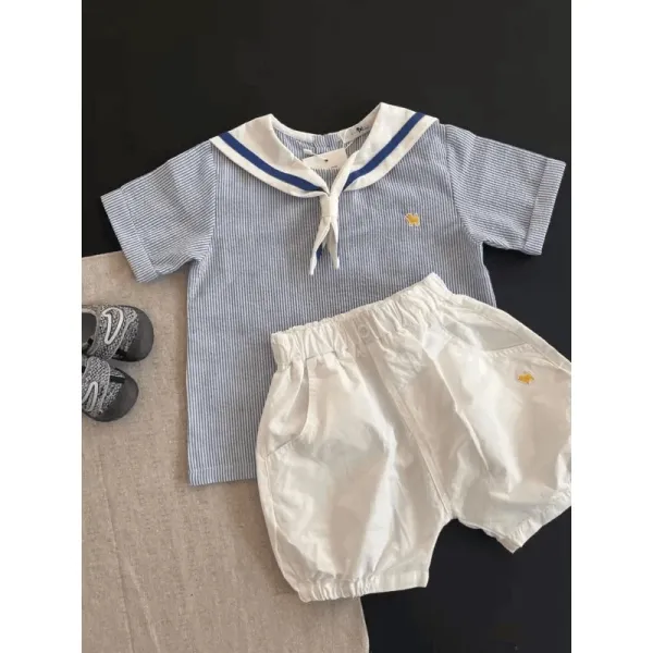 Design Navy Stripe Sailor Collar Top and White Bloomers Set Sets - 1