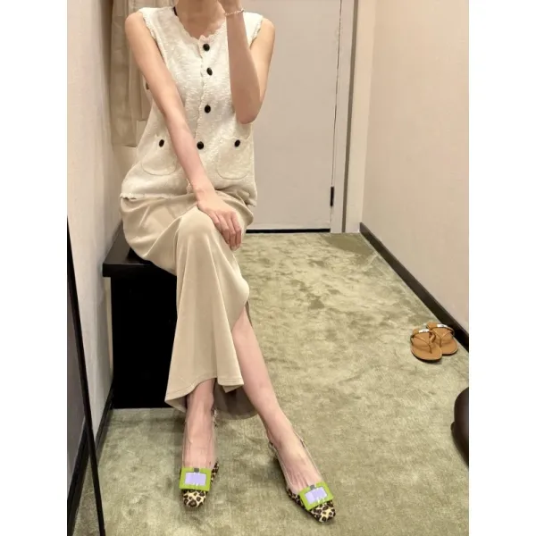 Design Leopard Print Slingback Block Heel with Lime Green Buckle Shoes - 13