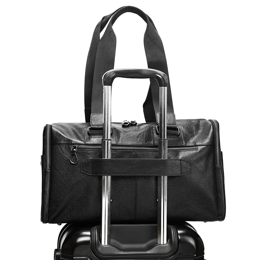 Leather Duffel Bag Black Multi-Zipper Travel Tote