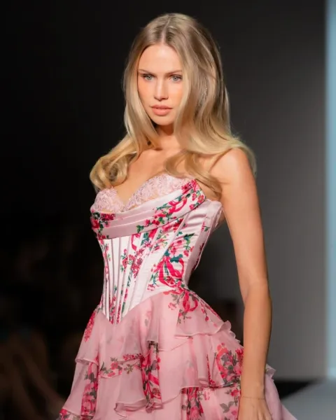 Design Floral Tiered Corset Gown Pink Dress - 10