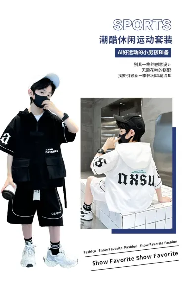 Design Short-Sleeve Hooded Jacket and Shorts Set Black Streetwear Outfit - 4