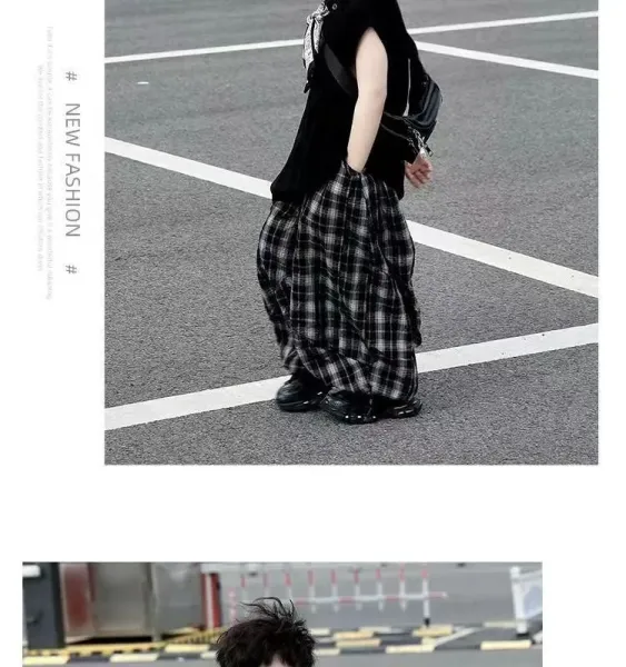 Design Sleeveless Polo Shirt with Bandana Detail, Gray Plaid Baggy Pants, and White Chunky Sneakers - 6
