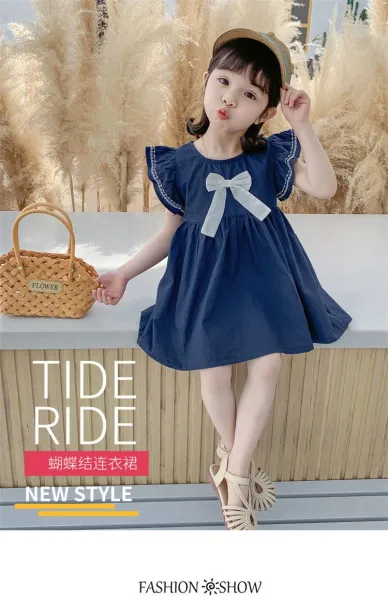 Design Bow Detail White Dress with Navy Trim Kids Dress - 21