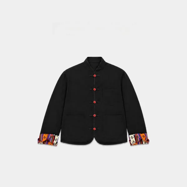 Design Black with Turquoise Buttons and Brocade Cuffs Jacket Outerwear Jacket - 3