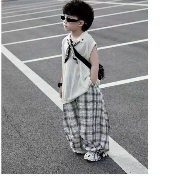 Design Sleeveless Polo Shirt with Bandana Detail, Gray Plaid Baggy Pants, and White Chunky Sneakers - 15