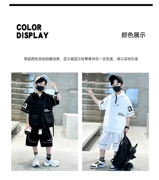 Design Short-Sleeve Hooded Jacket and Shorts Set Black Streetwear Outfit - 9